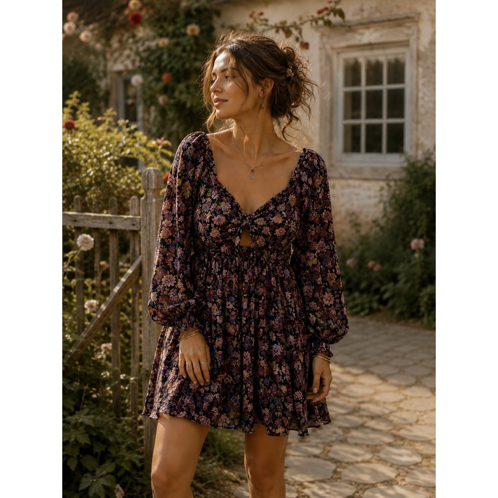 Angie Floral Mini Dress Women Small Black Purple Boho Cottagecore Balloon Sleeve